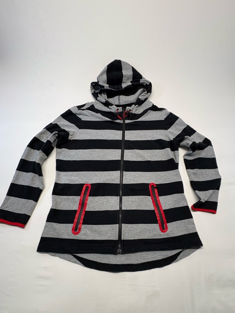 Only Black & Gray Striped Zip-Up Hoodie with Red Accents Size Medium